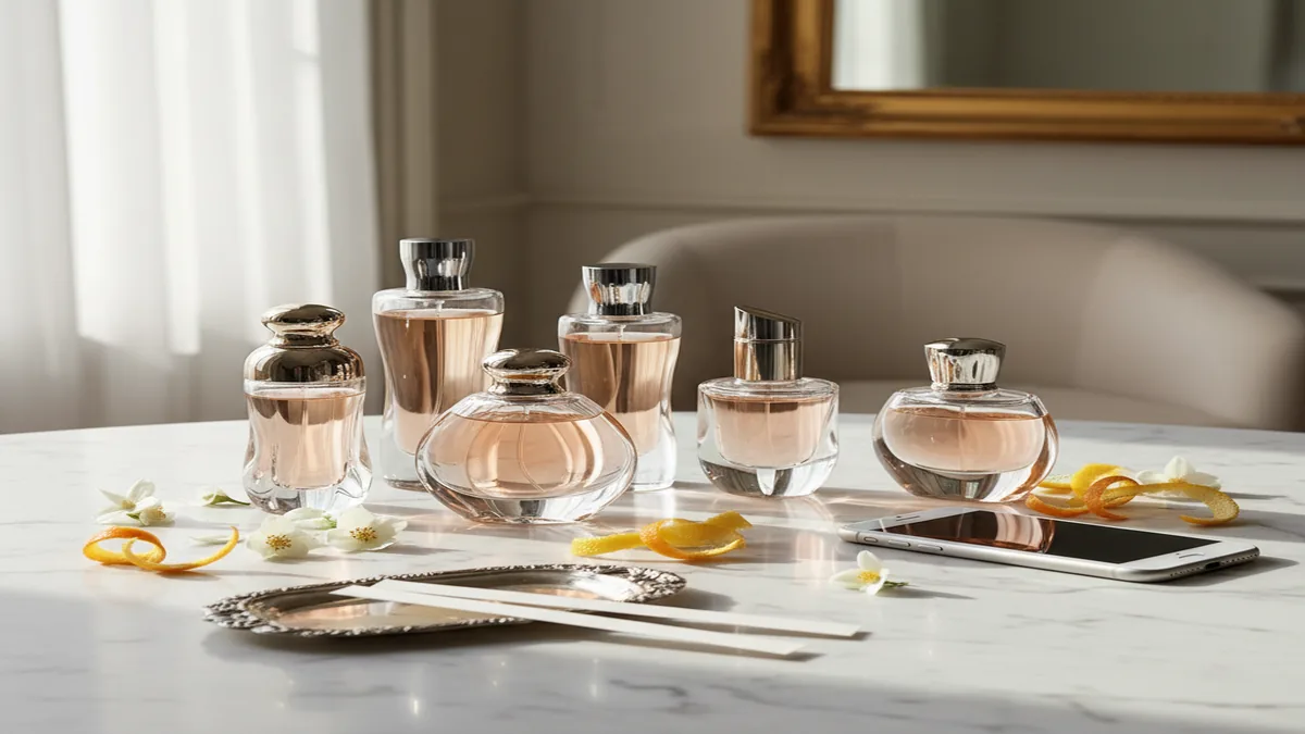 iPhone beside luxury perfume bottles on marble vanity, soft light, ingredients and tester strips nearby