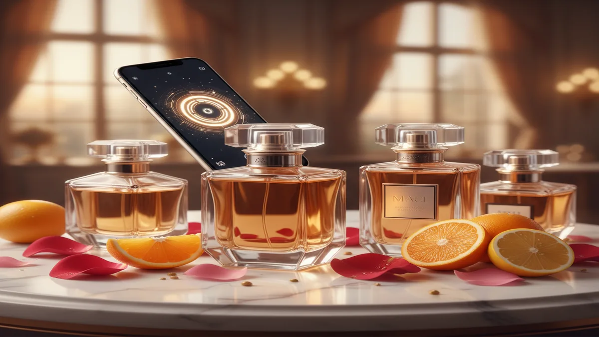 Luxury perfume bottles on marble vanity with smartphone scanning a fragrance