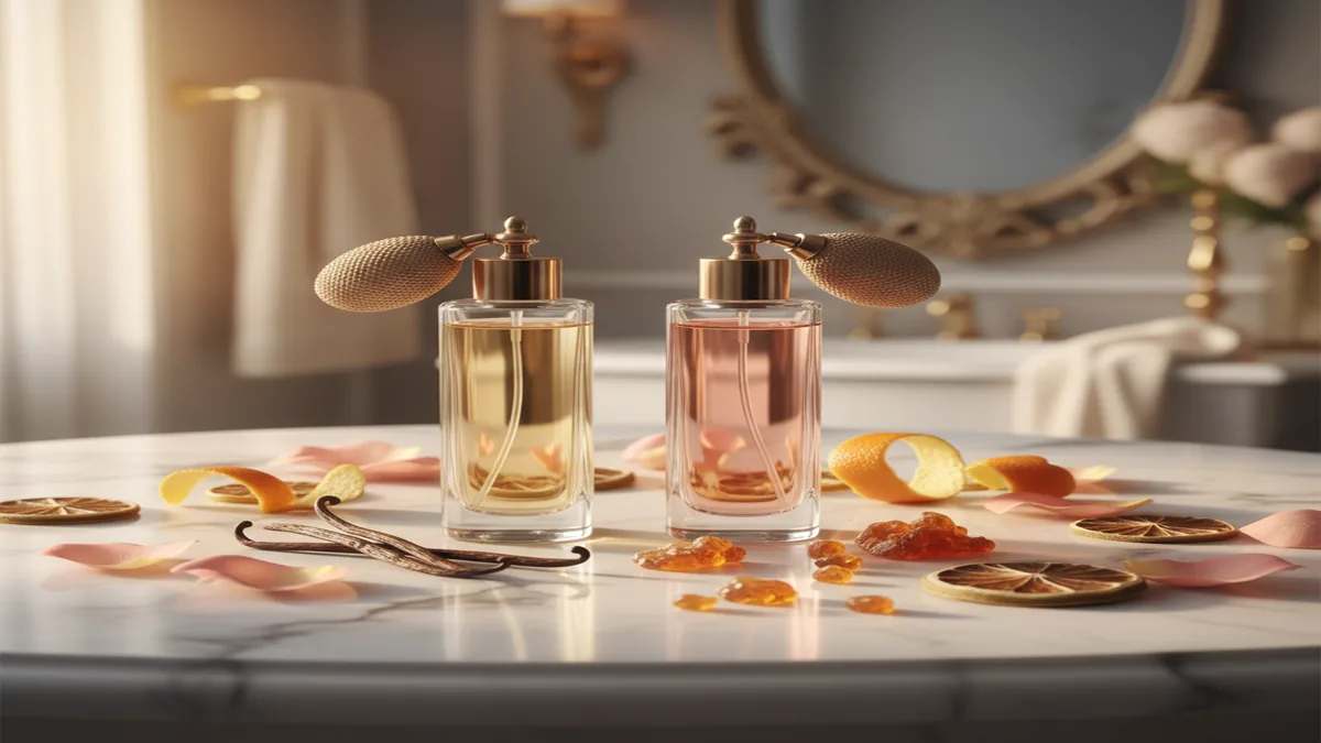 Elegant perfume bottles beside vanilla, rose petals, citrus peel, and amber resin on marble tray.